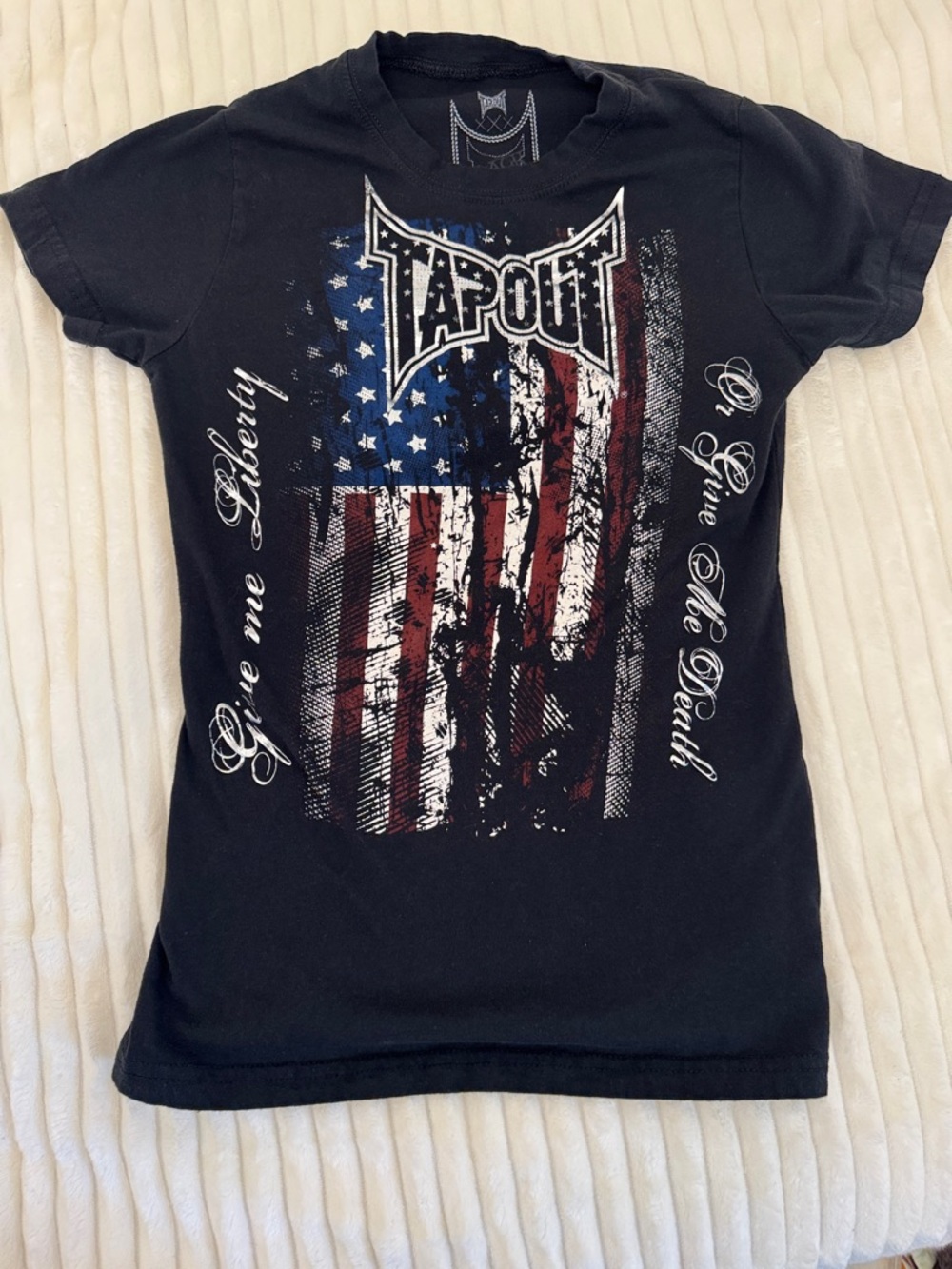 Tapout Black Tee with Red, White & Blue Distressed Flag Graphic